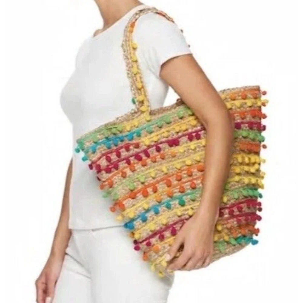 Circus Sam Edelman Tote Jute Beach Bag Rainbow Pom Boho Resort Shopping Festival